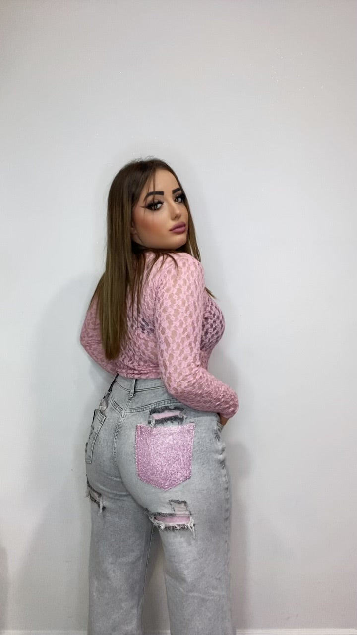 Jeans tasca brillantini