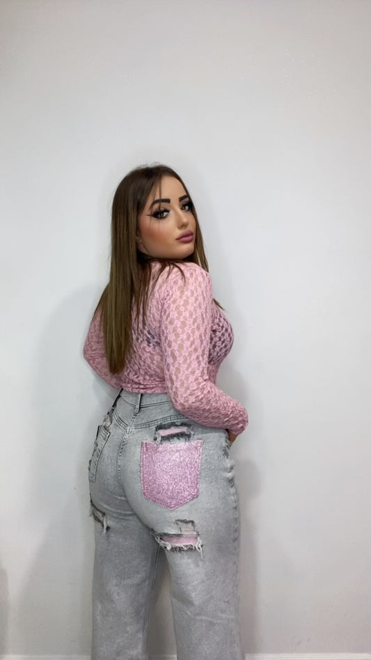 Jeans tasca brillantini